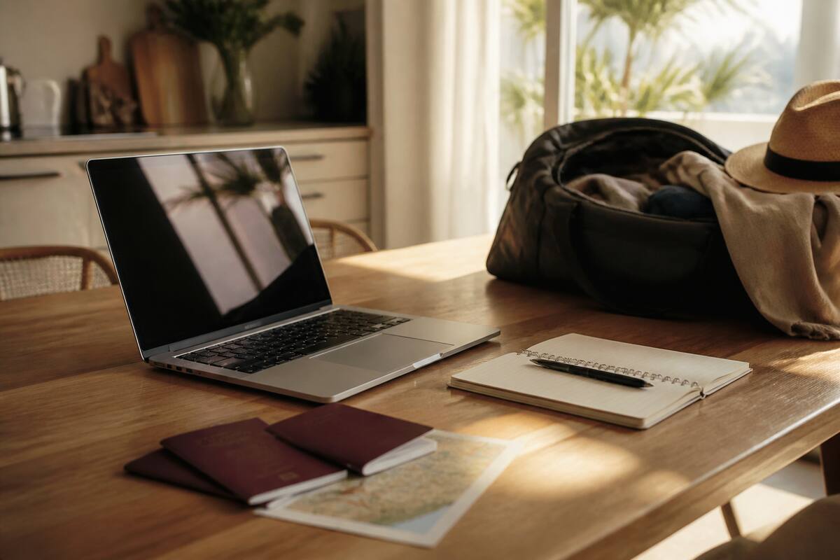 Tafel met laptop, reisdocumenten en notitieboek tijdens het plannen van een vakantie