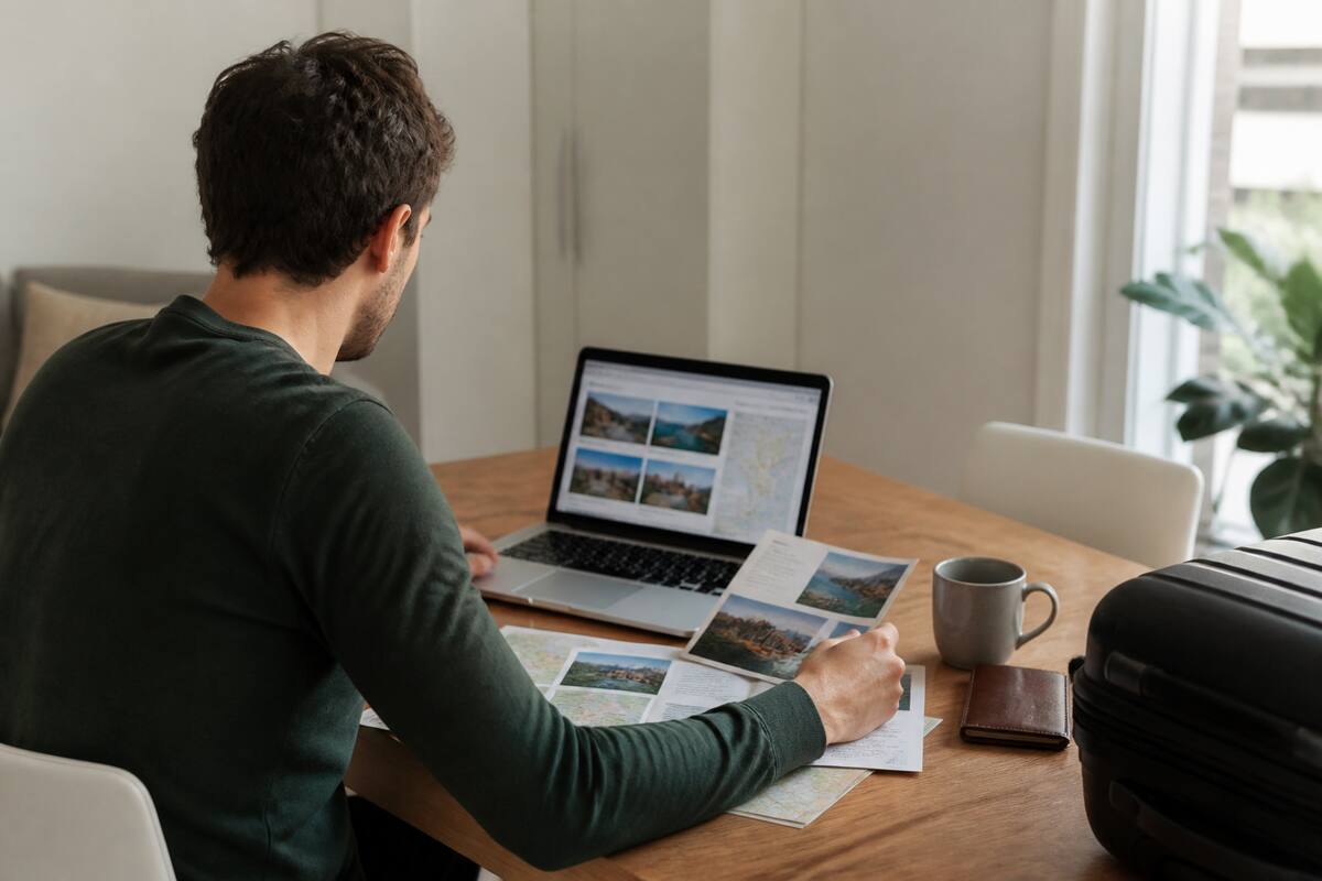 Iemand die thuis vakanties en reistips vergelijkt op laptop en papieren