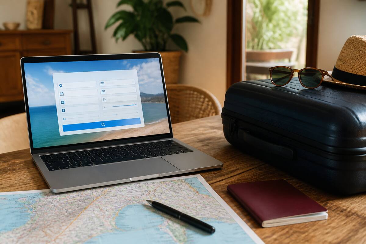 Vergelijken van vakanties met een laptop en reisinformatie op tafel