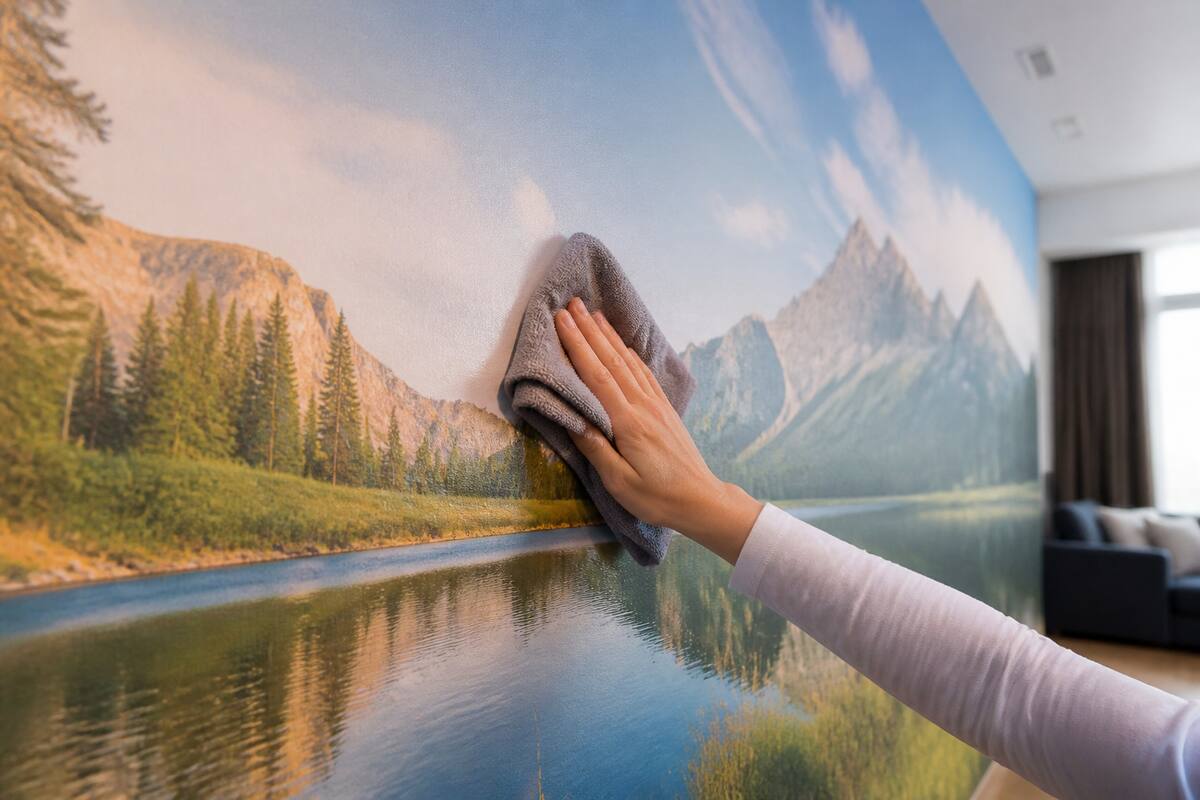 Een persoon die fotobehang voorzichtig schoonmaakt met een zachte microvezeldoek