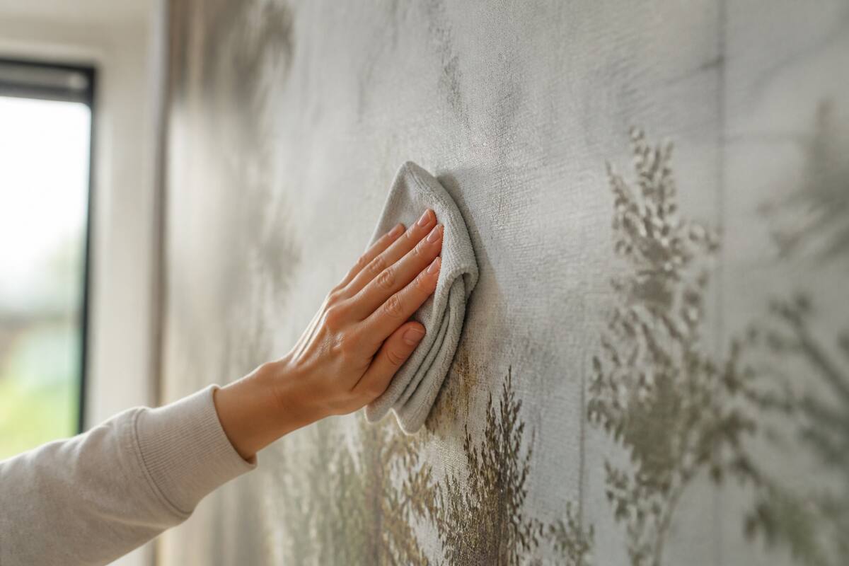 Voorzichtig fotobehang schoonmaken met een microvezeldoek in een lichte woonkamer