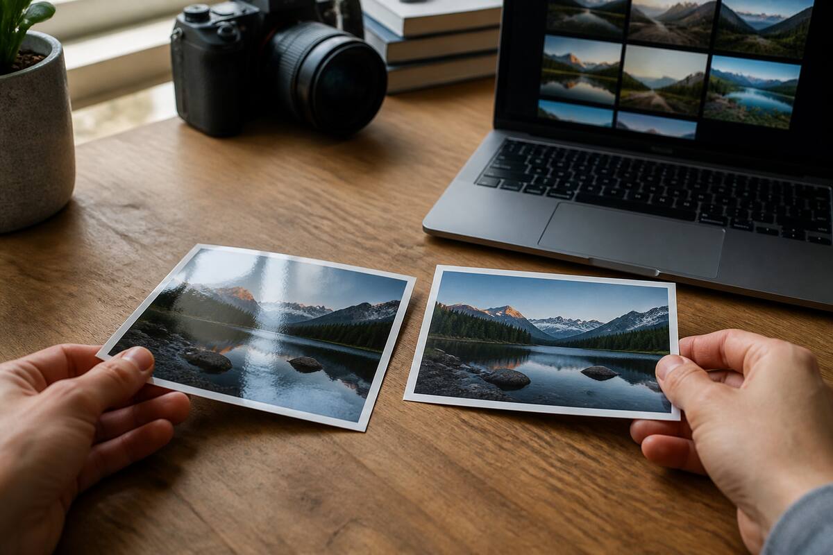 Twee fotoafdrukken op mat en glans papier naast elkaar, klaar om te beoordelen