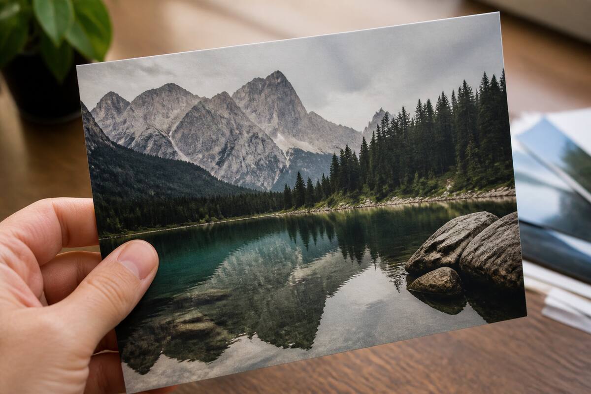 Hand die een afgedrukte foto vasthoudt op een houten bureau bij daglicht
