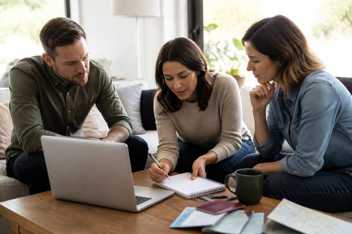 Gezelschap dat met een laptop en checklist vakanties vergelijkt in huis