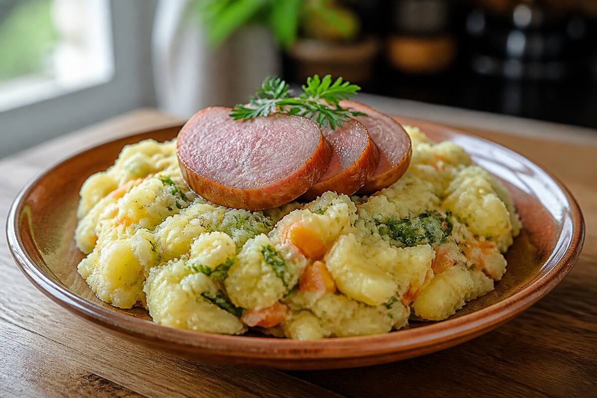 Stamppot met romige puree en groente, op een warm bord met een stukje rookworst
