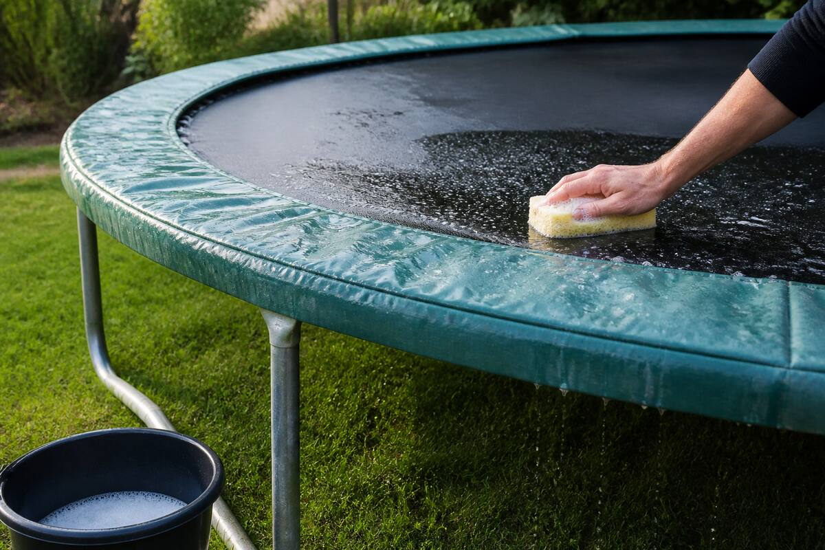 Schoonmaken van springmat en randkussen van een trampoline met een zachte spons en emmer water