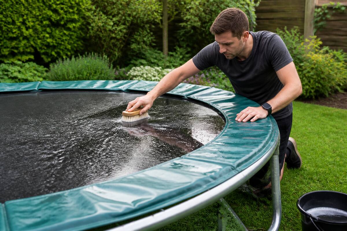 Trampoline schoonmaken: springmat en rand gecontroleerd met een zachte borstel