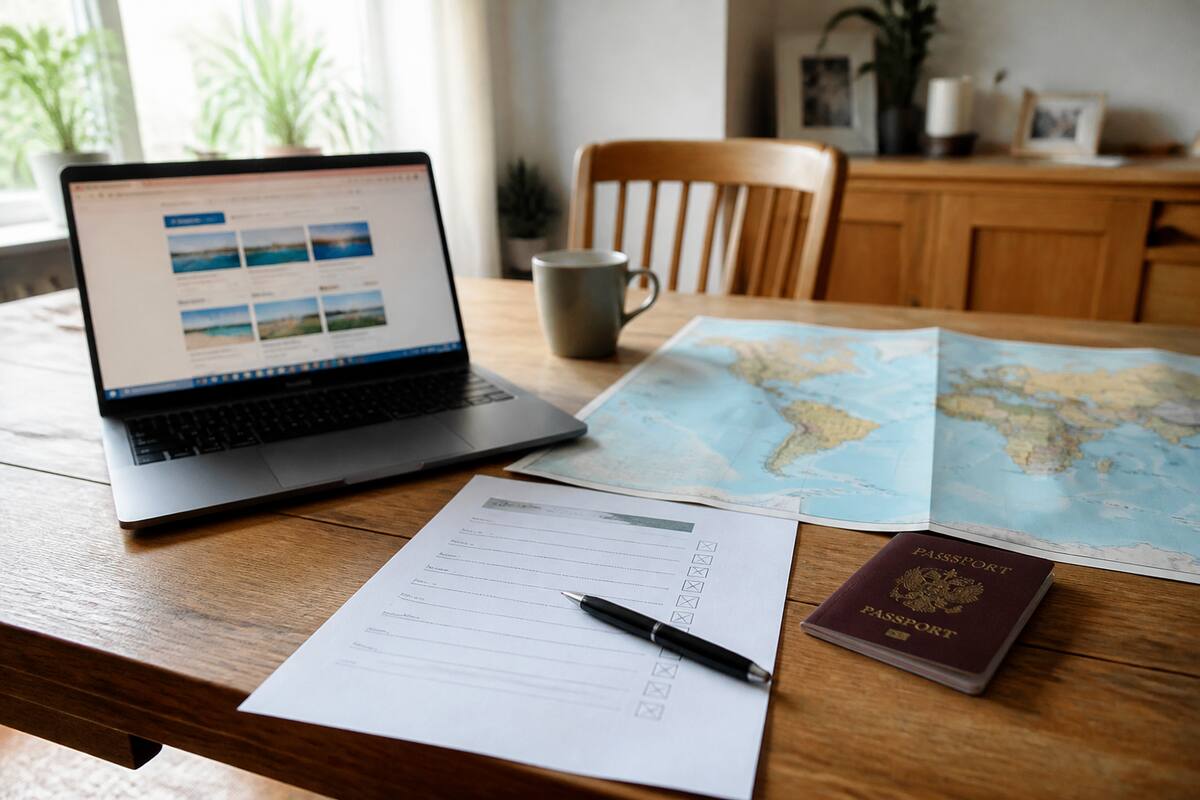 Checklist voor vakantie vergelijken op tafel met laptop en papieren reisplanning